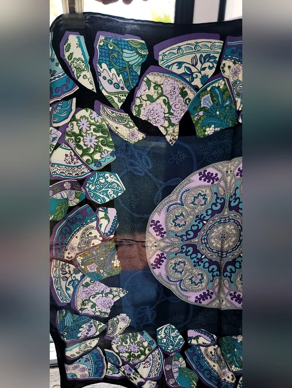 Vintage Chinese Pottery Print Blue Purple Hand Rolled Silk Scarf 26